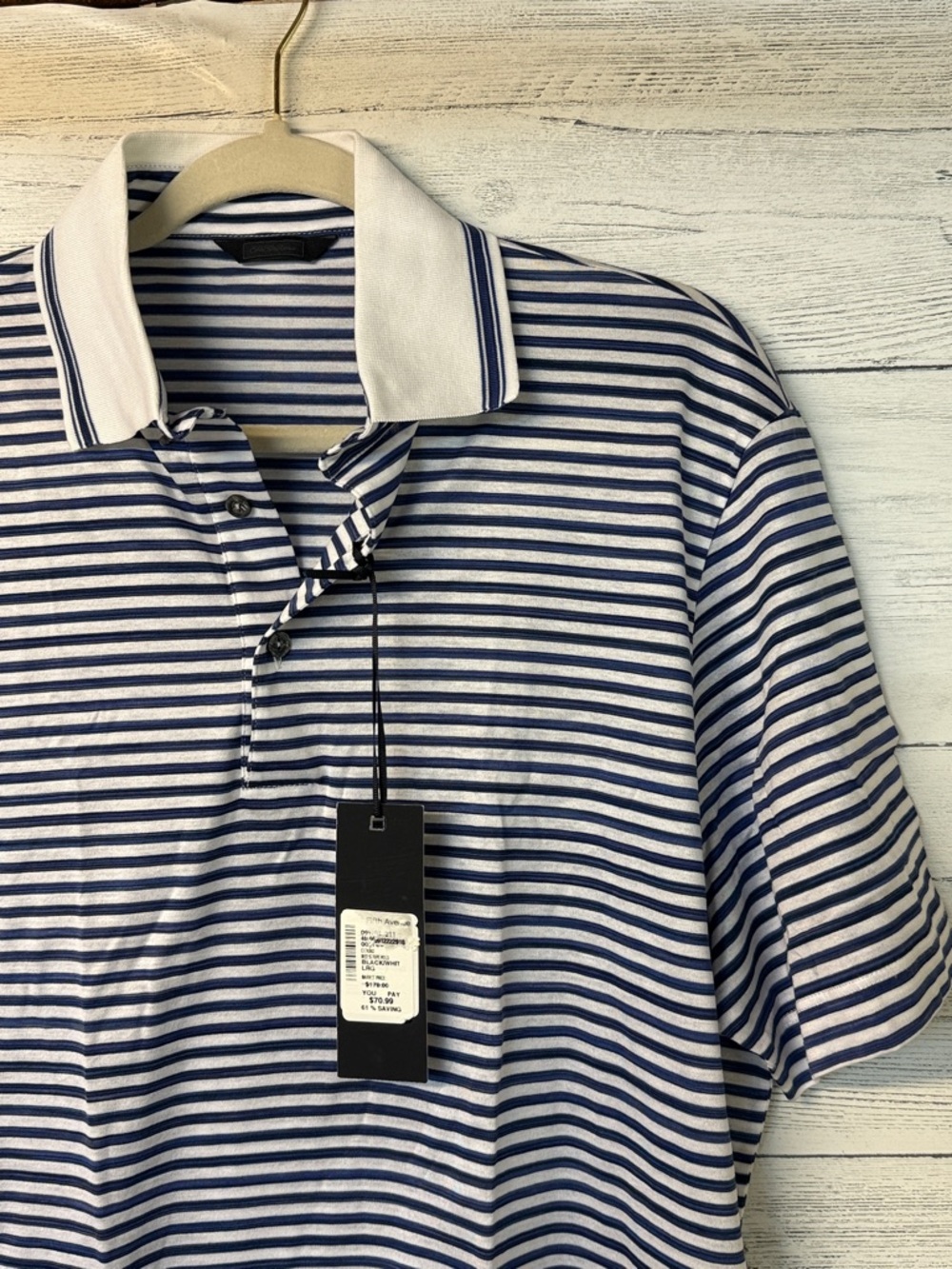 NWT Men's Striped Polo Shirt - White & Navy by Saks Fifth Avenue